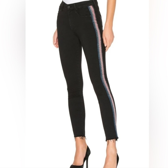 Mother HighWaist looker Ankle fray Black Skinny Jeans In guilty Glitter Racer 28 - Picture 2 of 12